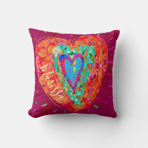 Retro Hippie Red Pink Watercolor Heart Name Throw Pillow