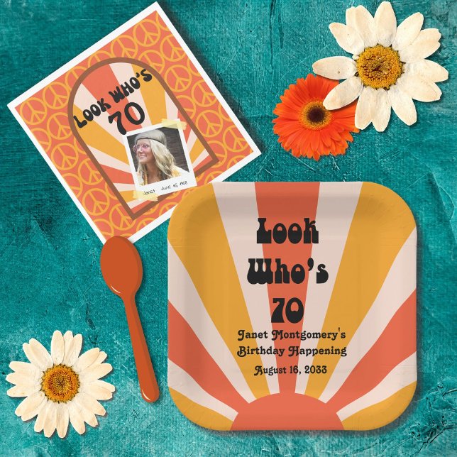 Retro Hippie Sunrise 70th Birthday  Paper Plates (Retro hippie sunrise groove with plenty of mix and match party goods. Celebrate the 60's)