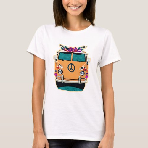 Retro Hippie Van floral Vintage Colors Art T_Shirt