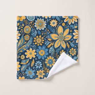 Retro Hippie Vintage Flowers Design Yellow Blue Bath Towel Set