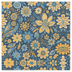 Retro Hippie Vintage  Flowers  Design  Yellow Blue Fabric