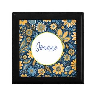 Retro Hippie Vintage  Flowers  Design  Yellow Blue