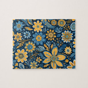 Retro Hippie Vintage Flowers Design Yellow Blue Jigsaw Puzzle