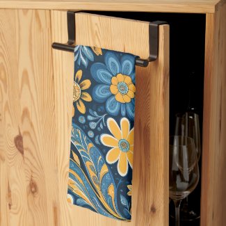 Retro Hippie Vintage  Flowers  Design  Yellow Blue