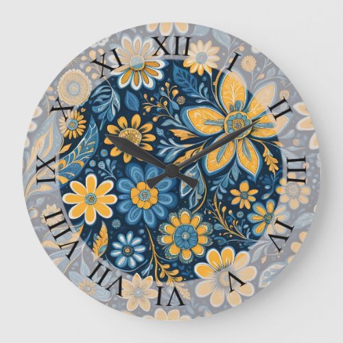 Retro Hippie Vintage  Flowers  Design  Yellow Blue Large Clock