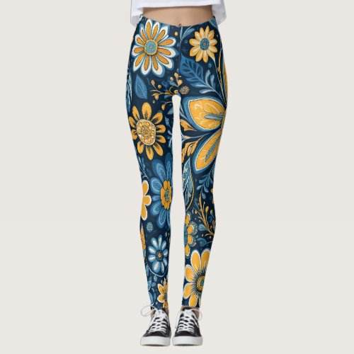 Retro Hippie Vintage  Flowers  Design  Yellow Blue Leggings