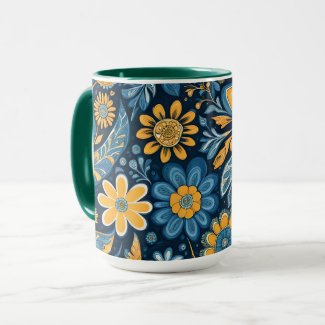 Retro Hippie Vintage  Flowers  Design  Yellow Blue