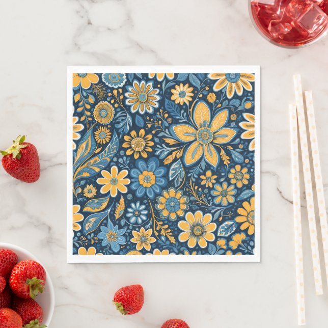 Retro Hippie Vintage  Flowers  Design  Yellow sign Napkins (Insitu)