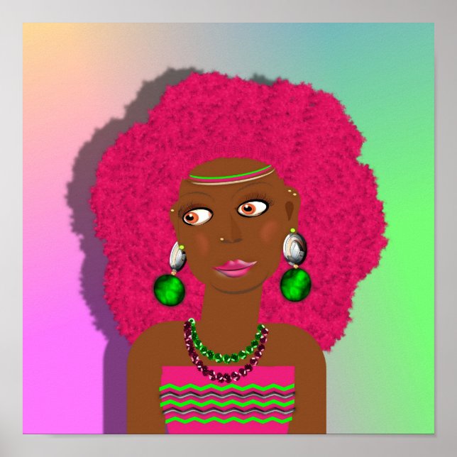 Retro Hippy Psychedelic Disco Diva Pink Afro Girl Poster (Front)