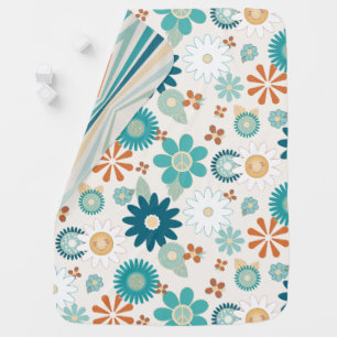 Retro Hippy Vibe 70s Daisy Peace Blue Orange Baby Blanket