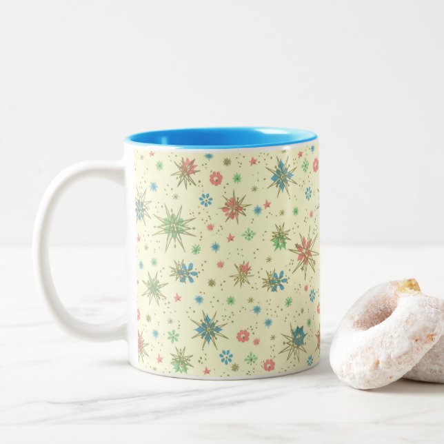 Retro Hipster Space Age Atomic Starburst Two-Tone Coffee Mug (With Donut)