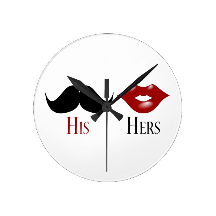 Retro His and Hers Black Handlebar Mustache Wall Clock