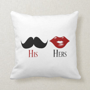 Retro His and Hers Black Handlebar Mustache Throw Pillow