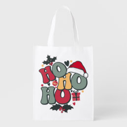 Retro Ho Ho Ho Christmas Holiday Holly Santa Hat Grocery Bag