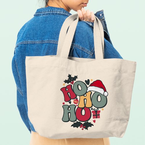 Retro Ho Ho Ho Christmas Holiday Holly Santa Hat Large Tote Bag