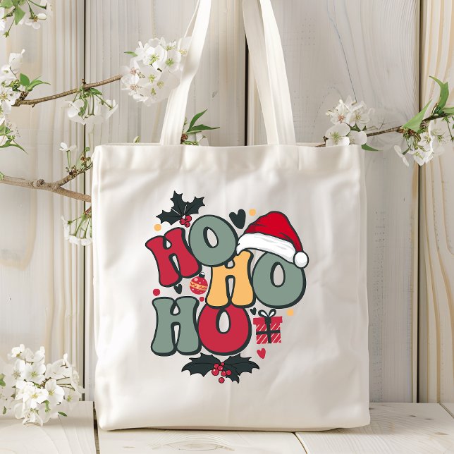 Retro Ho Ho Ho Christmas Holiday Holly Santa Hat Tote Bag (Creator Uploaded)