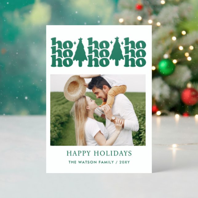 Retro ho ho ho Christmas Holidays Photo  Letterpress Photo Cards (Front (Into))