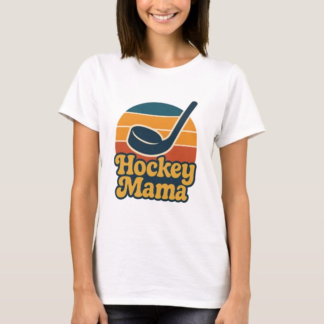 Retro Hockey Mama Sunset Stick & Puck Design T-Shirt (Front)