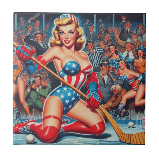 Retro Hockey Pin-up Ceramic Tile (Front)