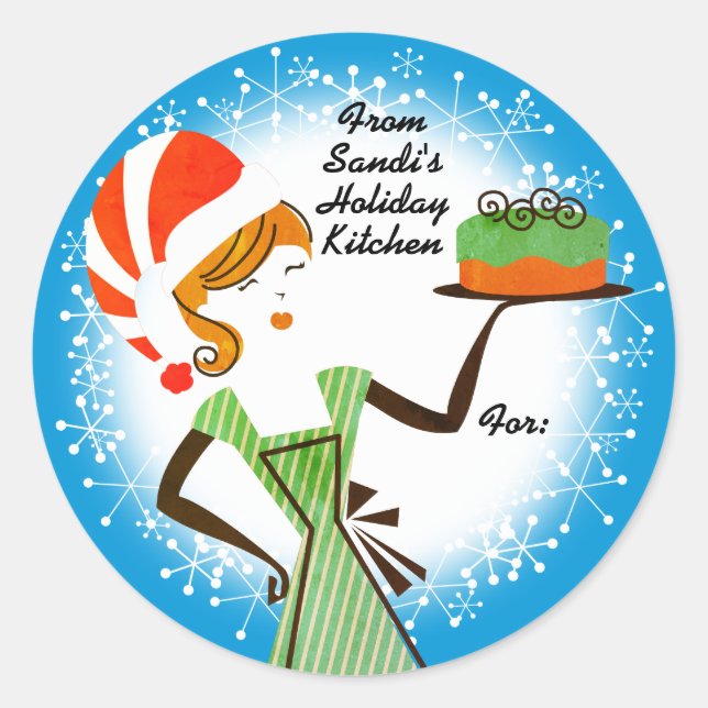 Retro holiday baking cake personalized Christmas Classic Round Sticker (Front)