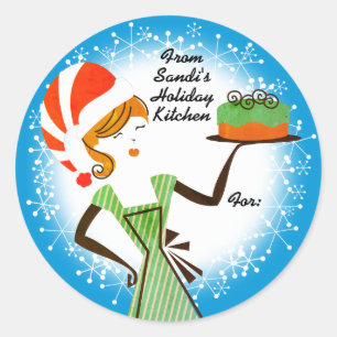Retro holiday baking cake personalized Christmas Classic Round Sticker