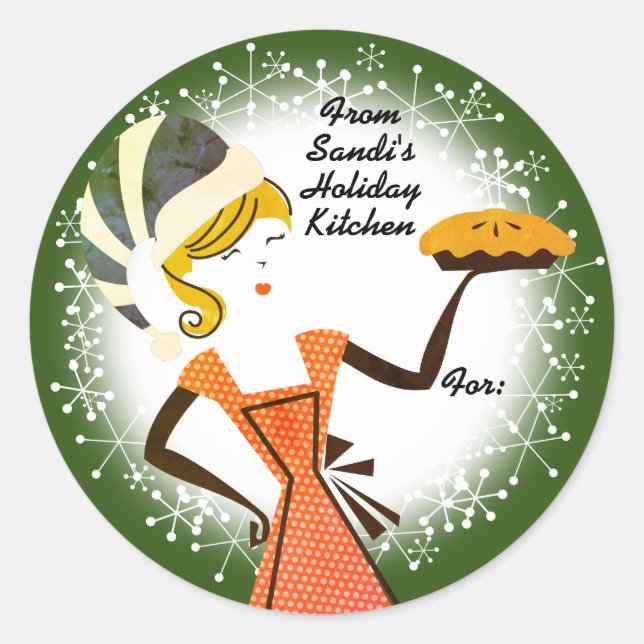 Retro holiday baking pie personalized Christmas Classic Round Sticker (Front)
