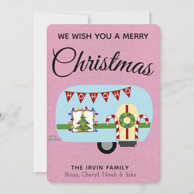 Retro Holiday Camper Personalized Christmas Card (Front)