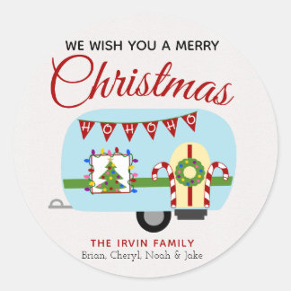 Retro Holiday Camper Personalized Christmas Sticke Classic Round Sticker