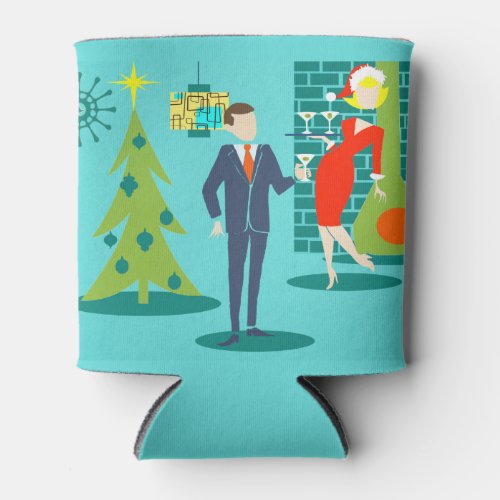 Retro Holiday Cartoon Couple Can Cooler