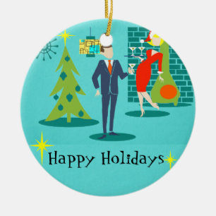 Retro Holiday Cartoon Couple Christmas Ornament