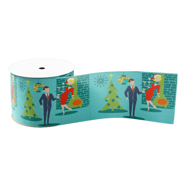 Retro Holiday Cartoon Couple Christmas Ribbon (Spool)
