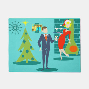 Retro Holiday Cartoon Couple Door Mat