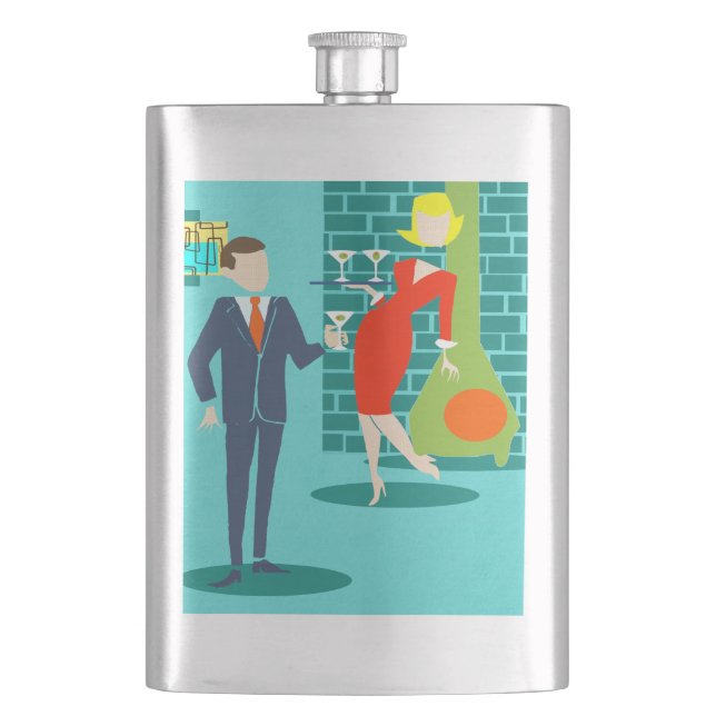 Retro Holiday Cartoon Couple Flask (Front)