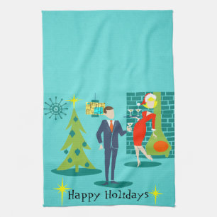 Retro Holiday Cartoon Couple Kitchen Towel