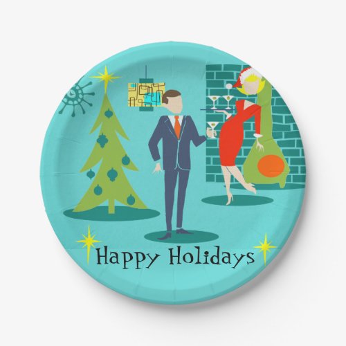 Retro Holiday Cartoon Couple Paper Plates