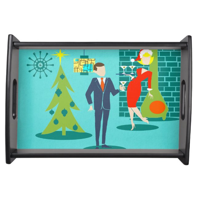 Retro Holiday Cartoon Couple Serving Tray (Front)