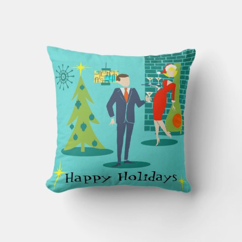 Retro Holiday Cartoon Couple Throw Pillow