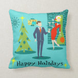 Retro Holiday Cartoon Couple Throw Pillow<br><div class="desc">This Retro Holiday Cartoon Couple Playing Cards will put you in the holiday spirit. The front design features a turquoise background with teal bricks and an olive green, cone fireplace. There is a teal, starburst wall clock and a two-tier pendant lamp in shades of yellow, blue and black. A green...</div>