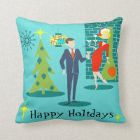 Retro Holiday Cartoon Couple Throw Pillow