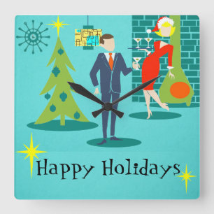 Retro Holiday Cartoon Couple Wall Clock