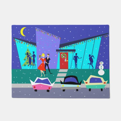 Retro Holiday Cartoon Party Christmas Door Mat