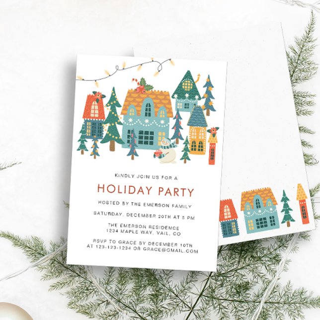 Retro Holiday Christmas Party Invitation (Retro Houses Holiday Party Invitation by Painted Paperie)