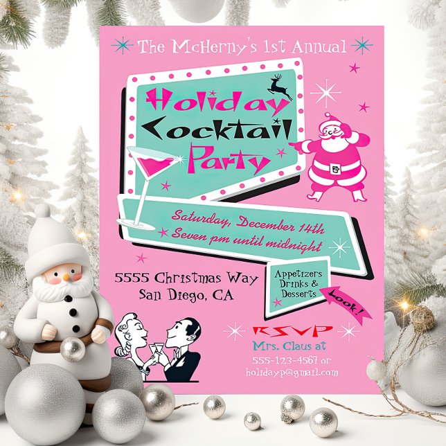 Retro Holiday Christmas Pink party Invitations (Creator Uploaded)