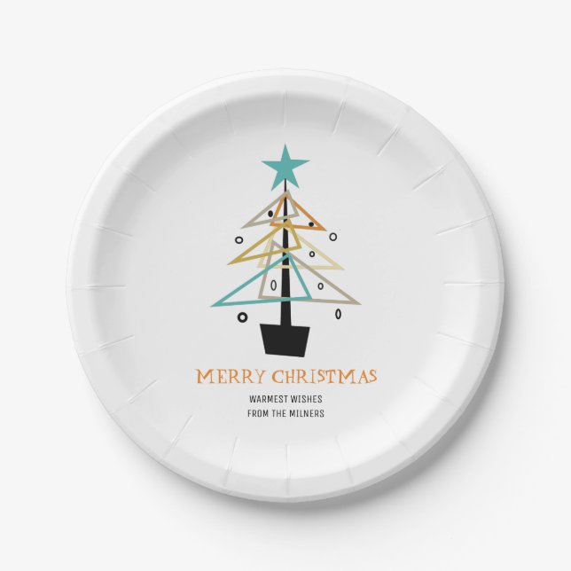 Retro Holiday Christmas Tree Mid Century Modern Paper Plates (Front)