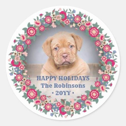 Retro Holiday Floral Wreath Photo Festive Colorful Classic Round Sticker