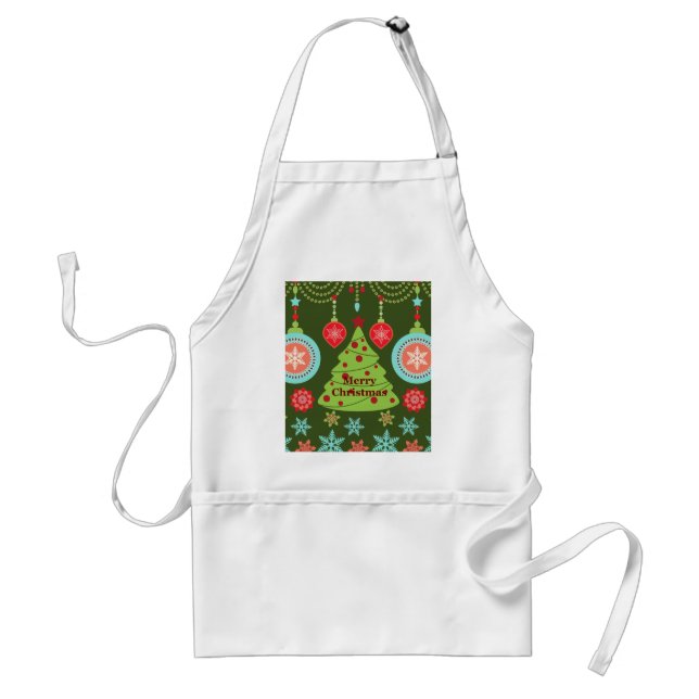 Retro Holiday Merry Christmas Tree Snowflakes Adult Apron (Front)