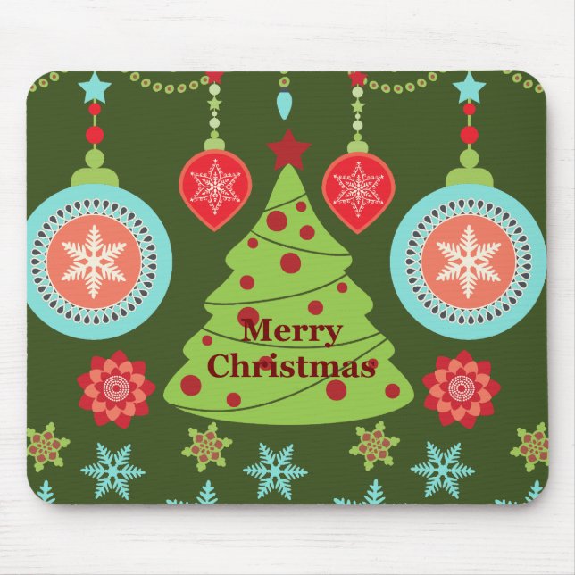 Retro Holiday Merry Christmas Tree Snowflakes Mouse Pad (Front)