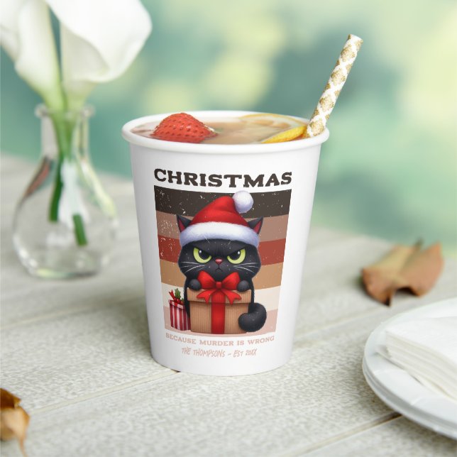 Retro Holiday Mocha Funny Cat Christmas Coffee Paper Cups (Insitu)
