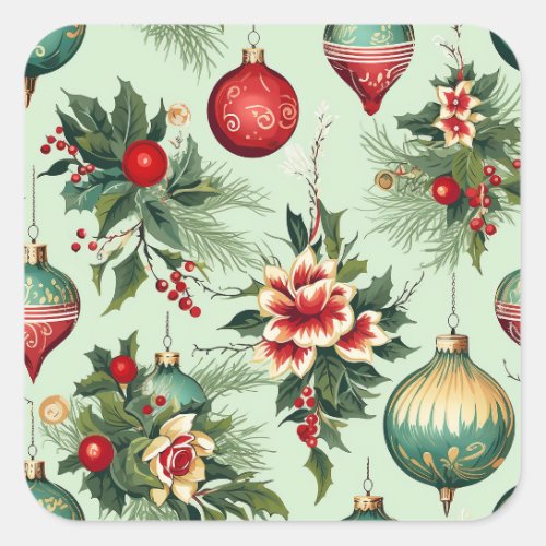 Retro Holiday Ornaments and Flowers Christmas Square Sticker
