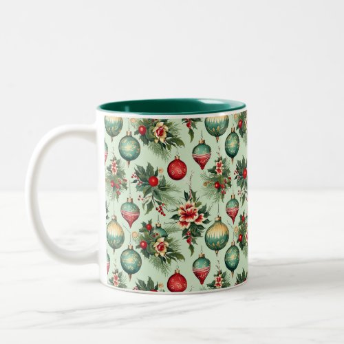Retro Holiday Ornaments and Flowers Christmas Two_Tone Coffee Mug